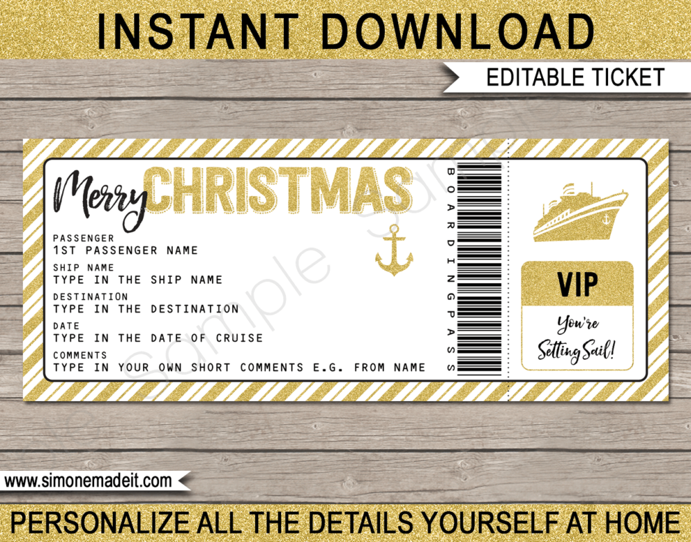 Printable Gold Christmas Cruise Ticket Gift Template | Editable Gift Voucher | Surprise Cruise Reveal | INSTANT DOWNLOAD via giftsbysimonemadeit.com