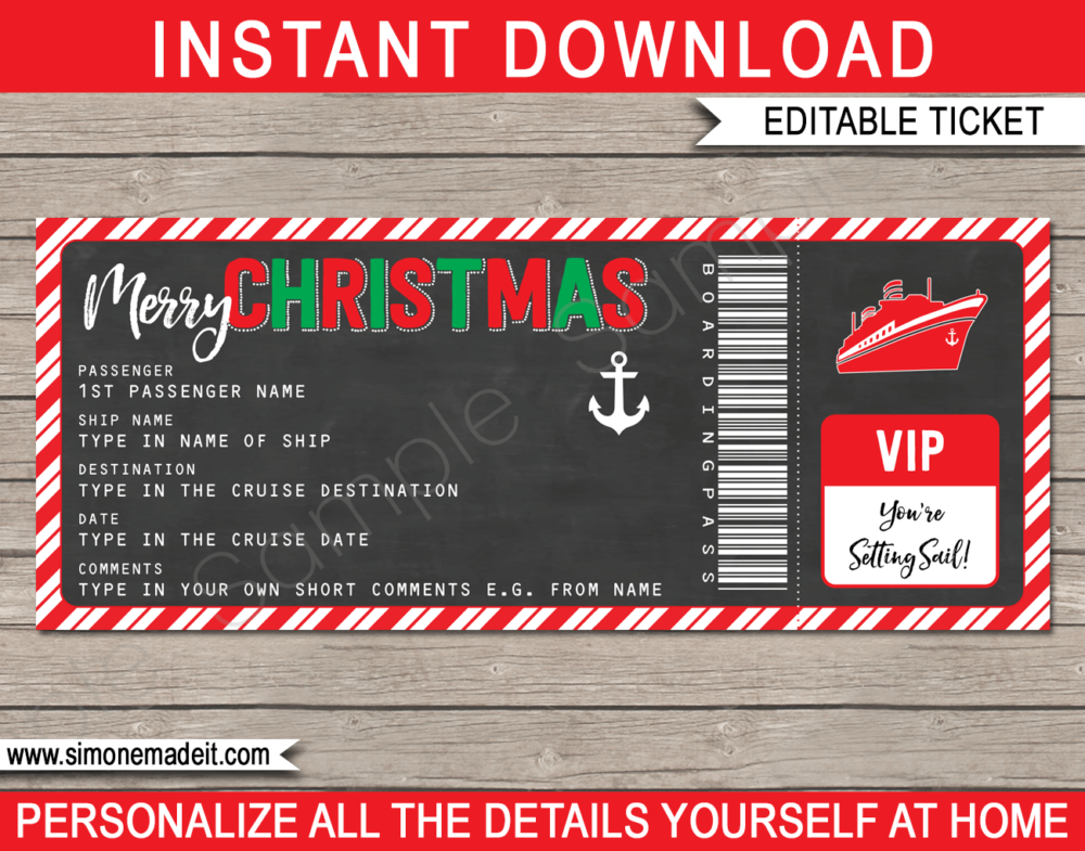 Printable Chalkboard Christmas Cruise Ticket Gift Template | Editable Gift Voucher | Surprise Cruise Reveal | INSTANT DOWNLOAD via giftsbysimonemadeit.com