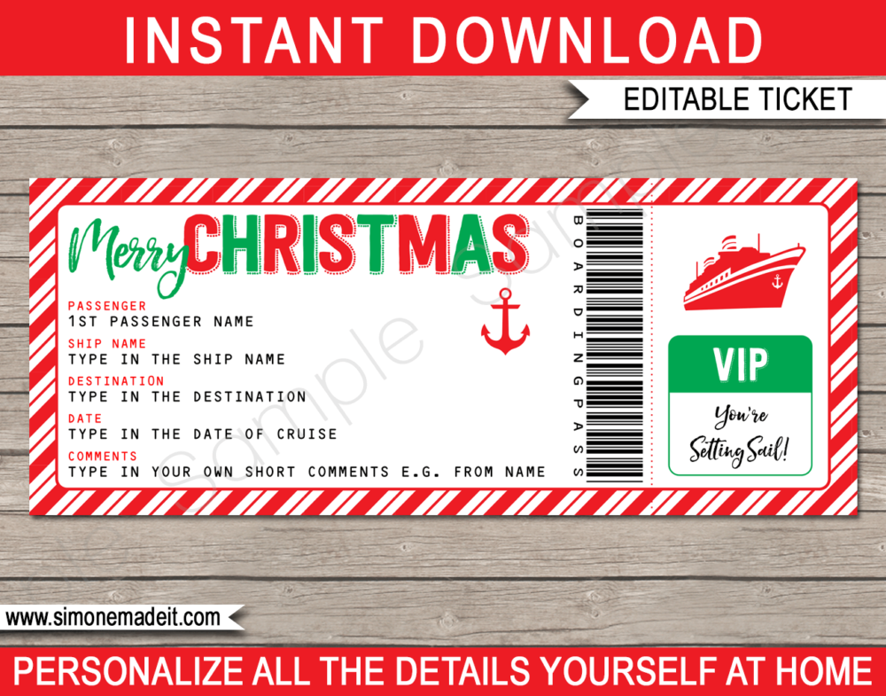 Printable Christmas Cruise Ticket Gift Template | Editable Gift Voucher, Card or Certificate | Surprise Cruise Reveal Gift Idea | INSTANT DOWNLOAD via giftsbysimonemadeit.com