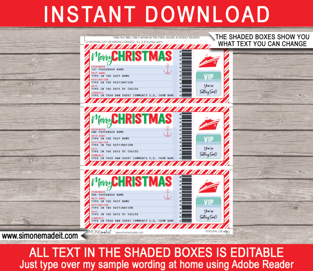 Printable Christmas Cruise Ticket Gift Template | Editable Gift Voucher | Surprise Cruise Reveal | INSTANT DOWNLOAD via giftsbysimonemadeit.com
