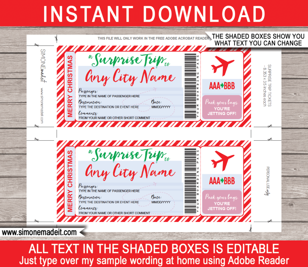 Printable Christmas Surprise Trip Boarding Pass Gift Ticket | Flight, Getaway, Holiday, Vacation | Fake Plane Ticket Boarding Pass | Christmas Present | DIY Editable & Printable Template | Instant Download via giftsbysimonemadeit.com