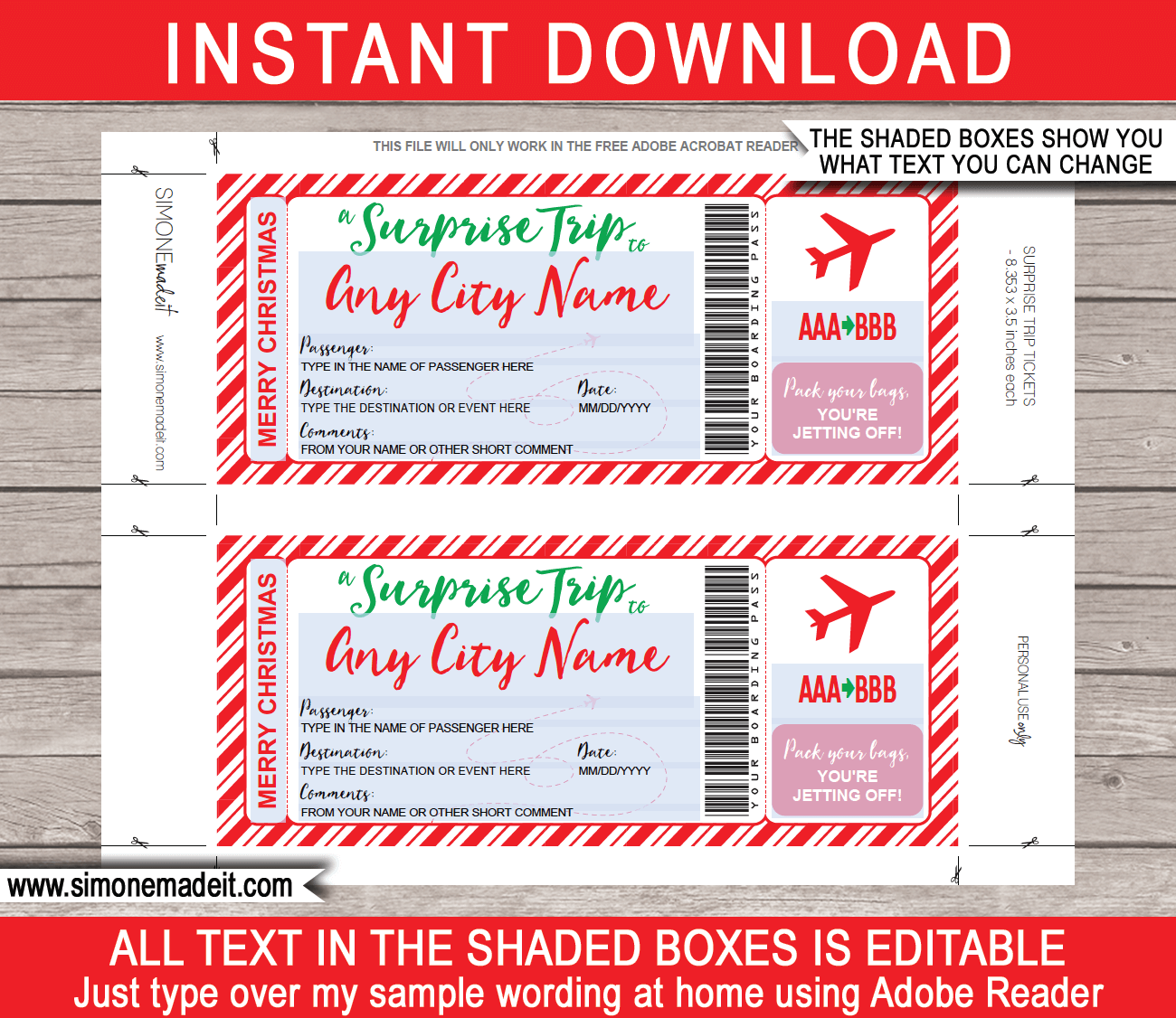 Plane Ticket to Fill or Customizable Scratch Boarding Pass Surprise Travel  Ad Original Travel Personalized Christmas Gift Holiday 