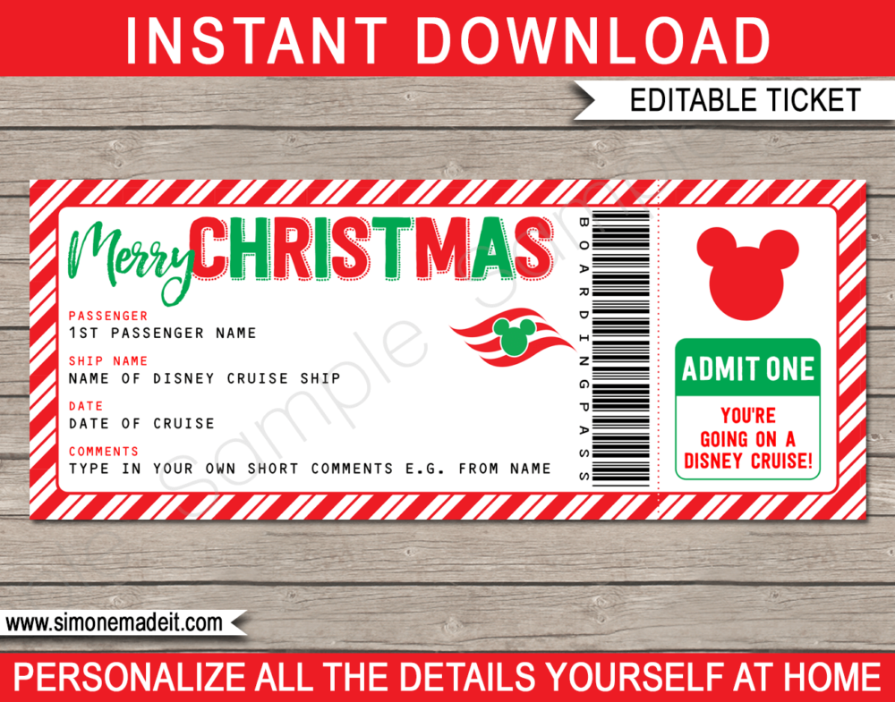 Christmas Disney Cruise Ticket Gift Template | Surprise Disney Cruise Reveal Gift Idea | Disney Cruise Holiday for the kids | INSTANT DOWNLOAD via giftsbysimonemadeit.com