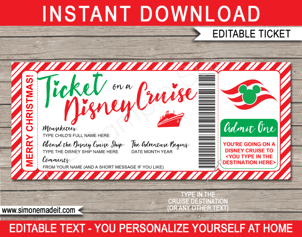 Printable Ticket on a Disney Cruise Christmas Gift Template | Editable Gift Voucher | Surprise Disney Cruise Reveal | INSTANT DOWNLOAD via giftsbysimonemadeit.com