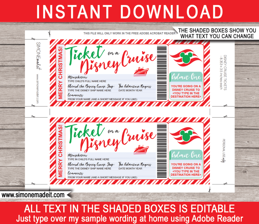 Printable Ticket on a Disney Cruise Christmas Gift Template | Editable Gift Voucher | Surprise Disney Cruise Reveal | INSTANT DOWNLOAD via giftsbysimonemadeit.com