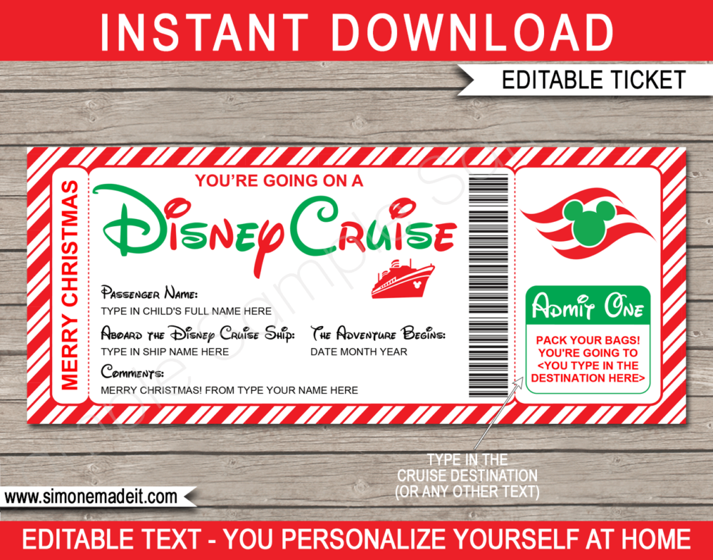 Printable Christmas Disney Cruise Boarding Pass Template | Editable Gift Voucher | Surprise Disney Cruise Reveal | INSTANT DOWNLOAD via giftsbysimonemadeit.com