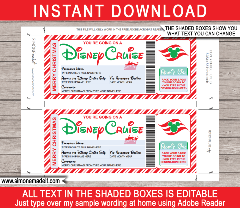 Printable Christmas Disney Cruise Boarding Pass Template | Editable Gift Voucher | Surprise Disney Cruise Reveal | INSTANT DOWNLOAD via giftsbysimonemadeit.com