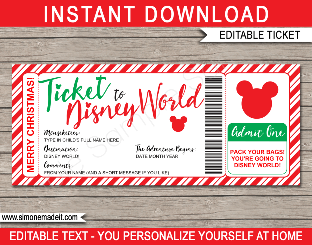 Printable Christmas Ticket to Disney World Template | Editable Gift Voucher | Surprise Disney World Trip Reveal | INSTANT DOWNLOAD via giftsbysimonemadeit.com