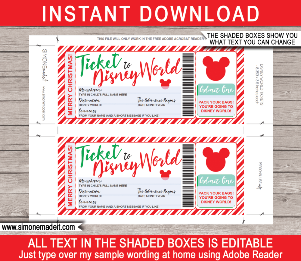 Printable Christmas Ticket to Disney World Template | Editable Gift Voucher | Surprise Disney World Trip Reveal | INSTANT DOWNLOAD via giftsbysimonemadeit.com