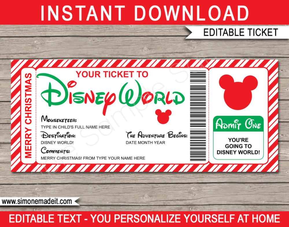 Printable Christmas Disney World Gift Ticket Template | Editable Gift Voucher | Surprise Disney World Trip Reveal | INSTANT DOWNLOAD via giftsbysimonemadeit.com