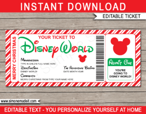 Printable Christmas Disney World Gift Ticket Template | Editable Gift Voucher | Surprise Disney World Trip Reveal | INSTANT DOWNLOAD via giftsbysimonemadeit.com