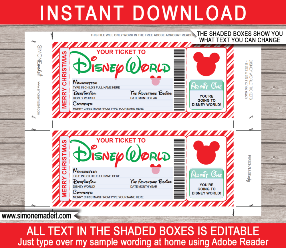 Printable Christmas Disney World Gift Ticket Template | Editable Gift Voucher | Surprise Disney World Trip Reveal | INSTANT DOWNLOAD via giftsbysimonemadeit.com