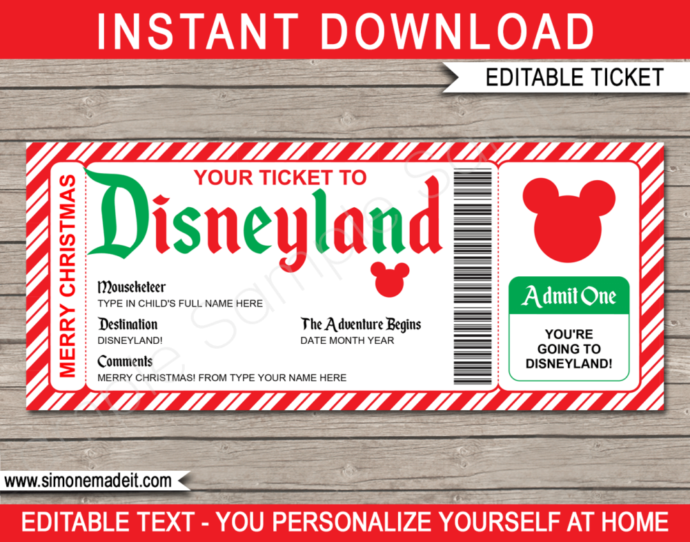 Printable Christmas Disneyland Gift Ticket Template | Editable Gift Voucher | Surprise Disneyland Trip Reveal | INSTANT DOWNLOAD via giftsbysimonemadeit.com