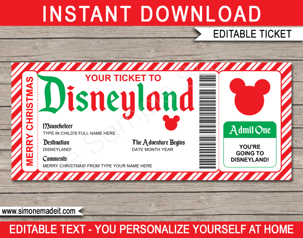 Christmas Disneyland Gift Ticket Template Surprise Disneyland Trip
