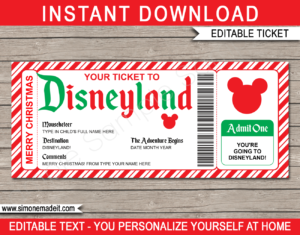 Printable Christmas Disneyland Gift Ticket Template | Editable Gift Voucher | Surprise Disneyland Trip Reveal | INSTANT DOWNLOAD via giftsbysimonemadeit.com