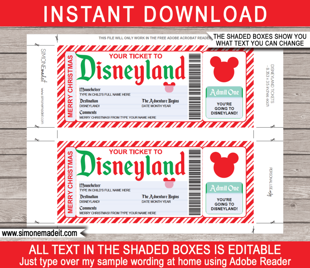 Printable Christmas Disneyland Gift Ticket Template | Editable Gift Voucher | Surprise Disneyland Trip Reveal | INSTANT DOWNLOAD via giftsbysimonemadeit.com