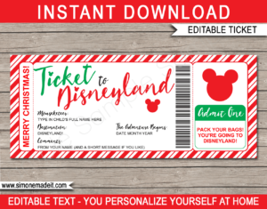 Printable Christmas Ticket to Disneyland Template | Editable Gift Voucher | Surprise Disneyland Trip Reveal | INSTANT DOWNLOAD via giftsbysimonemadeit.com