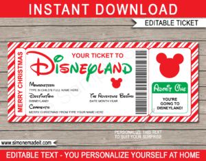 Printable Christmas Disneyland Gift Ticket Template | Editable Gift Voucher | Surprise Disneyland Trip Reveal | INSTANT DOWNLOAD via giftsbysimonemadeit.com