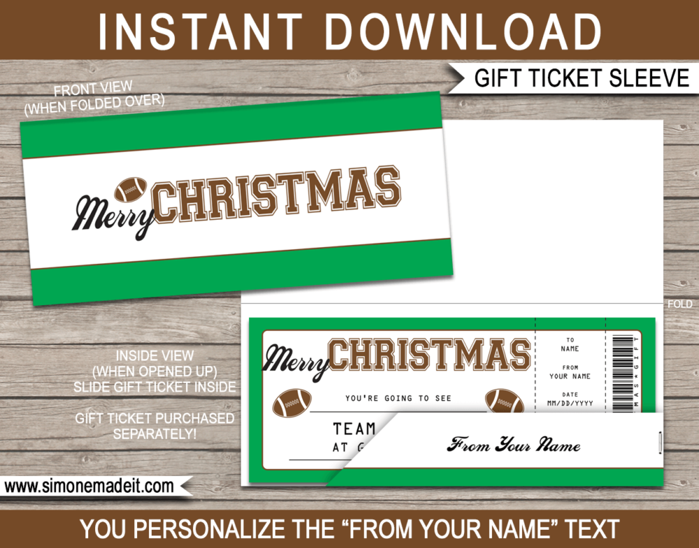 Printable Christmas Football Gift Ticket Sleeve Template for Christmas sports gift tickets or game tickets or gift vouchers or money | DIY Editable & Printable Template | INSTANT DOWNLOAD via giftsbysimonemadeit.com