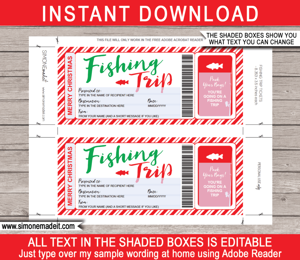 Printable Christmas Fishing Trip Ticket Gift Voucher Template | A Surprise Fishing Trip Ticket | Faux or Fake Fishing Pass | Christmas Present | DIY Editable & Printable Template | Instant Download via simonemadeit.com
