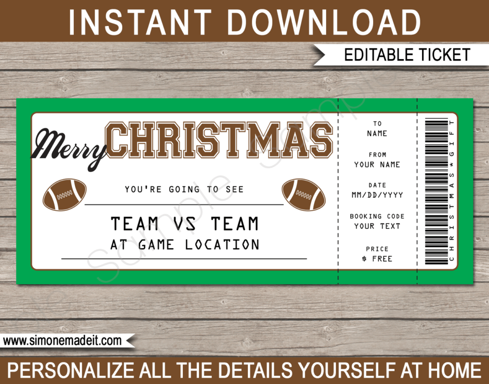 Printable Christmas Football Ticket Gift Voucher Template - Surprise tickets to a Football Game - Gift Certificate - Christmas present - DIY Editable & Printable Template | INSTANT DOWNLOAD #footballtickets #lastminutegift