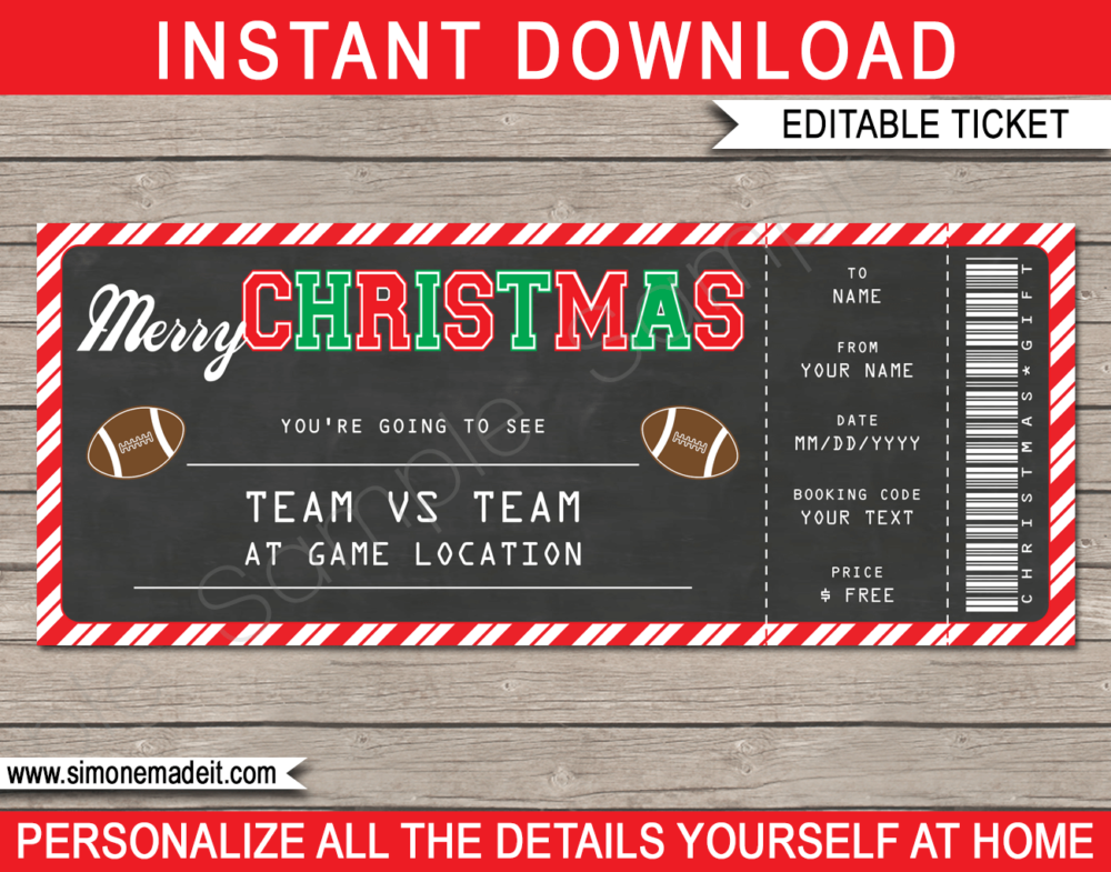 Printable Christmas Football Ticket Gift Voucher Template - Surprise tickets to a Football Game - Gift Certificate - Christmas present - DIY Editable & Printable Template | INSTANT DOWNLOAD #footballtickets #lastminutegift