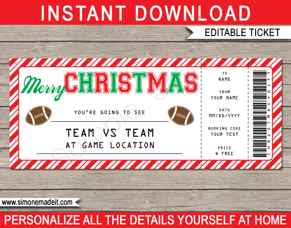 Printable Christmas Football Ticket Gift Voucher Template - Surprise tickets to a Football Game - Gift Certificate - Christmas present - DIY Editable & Printable Template | INSTANT DOWNLOAD #footballtickets #lastminutegift