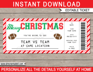 Printable Christmas Football Ticket Gift Voucher Template - Surprise tickets to a Football Game - Gift Certificate - Christmas present - DIY Editable & Printable Template | INSTANT DOWNLOAD #footballtickets #lastminutegift