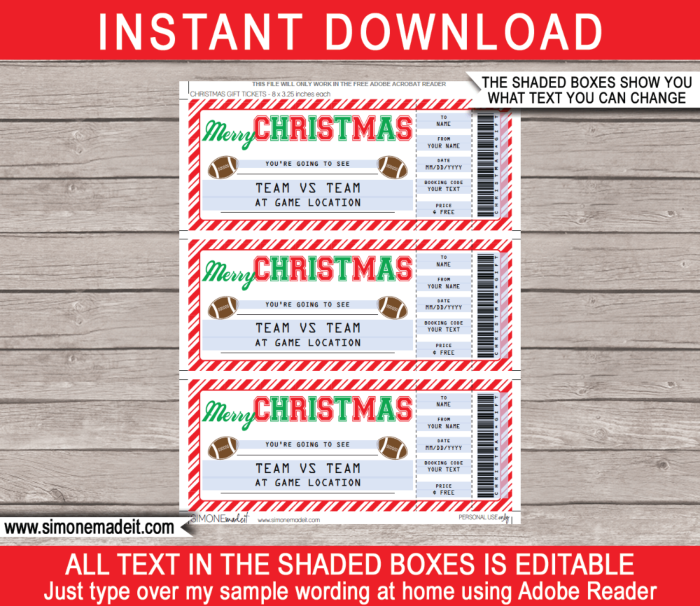 Printable Christmas Football Ticket Gift Voucher Template - Surprise tickets to a Football Game - Gift Certificate - Christmas present - DIY Editable & Printable Template | INSTANT DOWNLOAD #footballtickets #lastminutegift