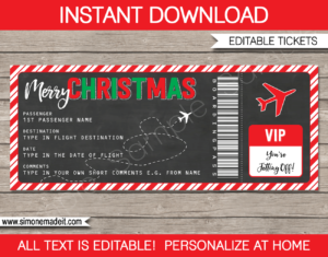 Chalkboard Christmas Gift Boarding Pass Ticket | Surprise Flight, Trip, Getaway, Holiday, Vacation | Fake Boarding Pass | Christmas Present | DIY Editable & Printable Template | Instant Download via giftsbysimonemadeit.com