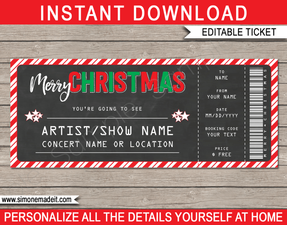 Printable Christmas Gift Concert Ticket | Surprise Tickets to a Concert, Band, Show, Music Festival, Performance, Artist | Fake Concert Ticket | Christmas Present | Chalkboard | DIY Editable & Printable Template | Instant Download via simonemadeit.com