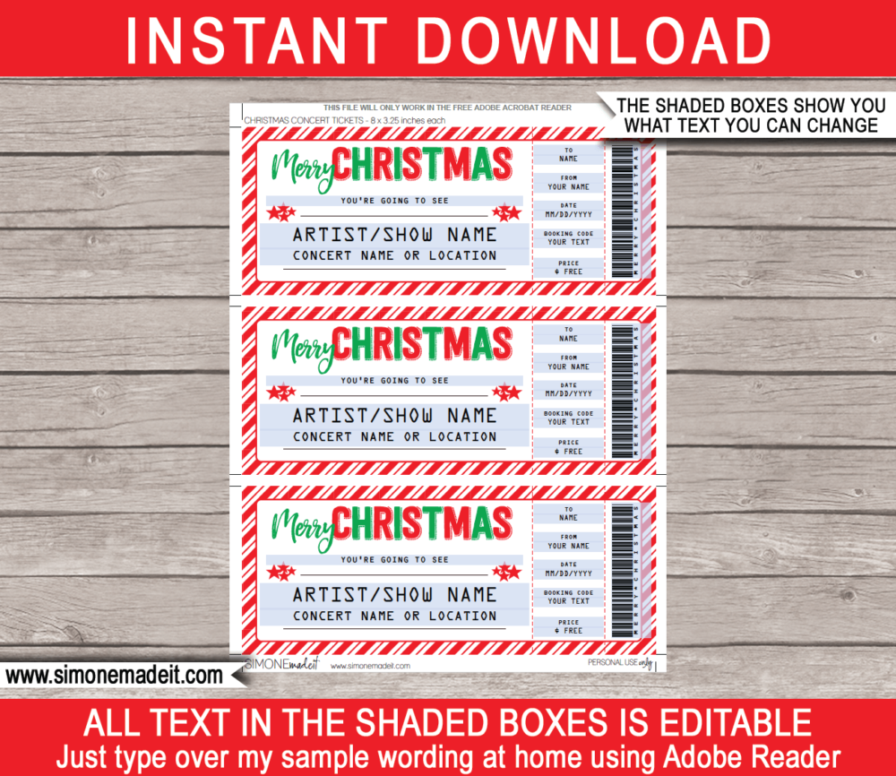 Printable Christmas Gift Concert Ticket | Surprise Tickets to a Concert, Band, Show, Music Festival, Performance, Artist | Fake Concert Ticket | Christmas Present | DIY Editable & Printable Template | Instant Download via simonemadeit.com