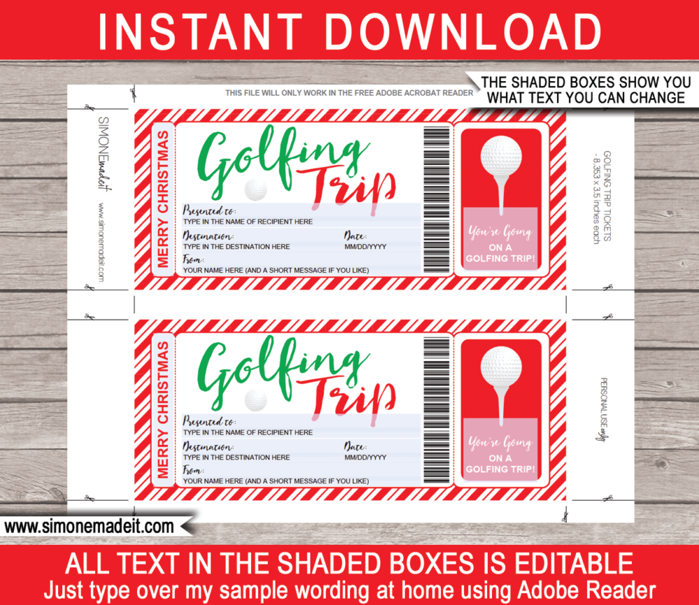 Printable Christmas Golfing Trip Ticket Gift Voucher Template | A Surprise Golfing Trip Ticket | Faux or Fake Golfing Pass | Christmas Present | DIY Editable & Printable Template | Instant Download via simonemadeit.com