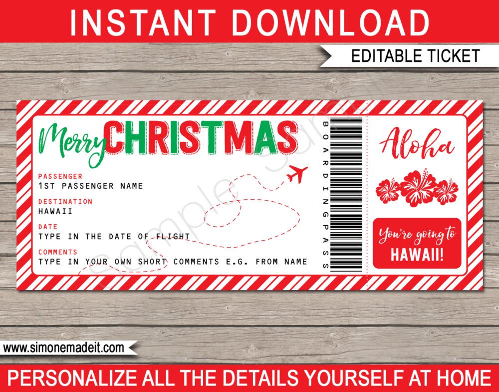 Christmas Hawaii Trip Gift Boarding Pass template Fake Plane Ticket
