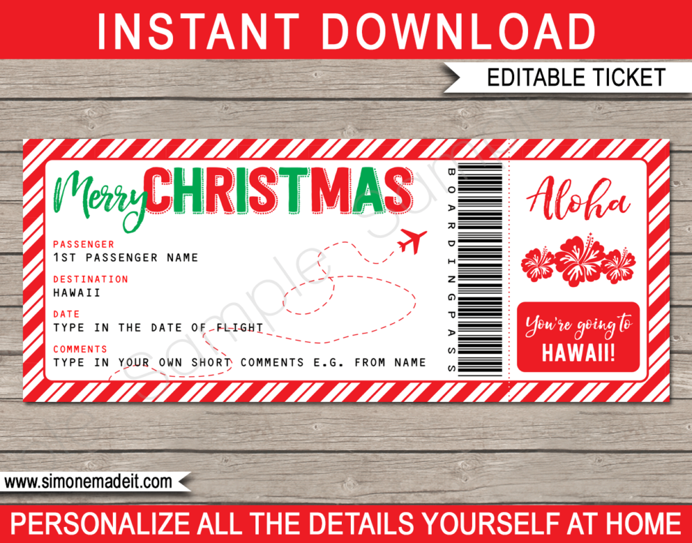 Printable Christmas Hawaii Trip Gift Boarding Pass Template | Flight, Getaway, Holiday, Vacation to Hawaii | Fake Plane Ticket | Surprise Trip Reveal | Christmas Present | DIY Editable Template | Instant Download via giftsbysimonemadeit.com