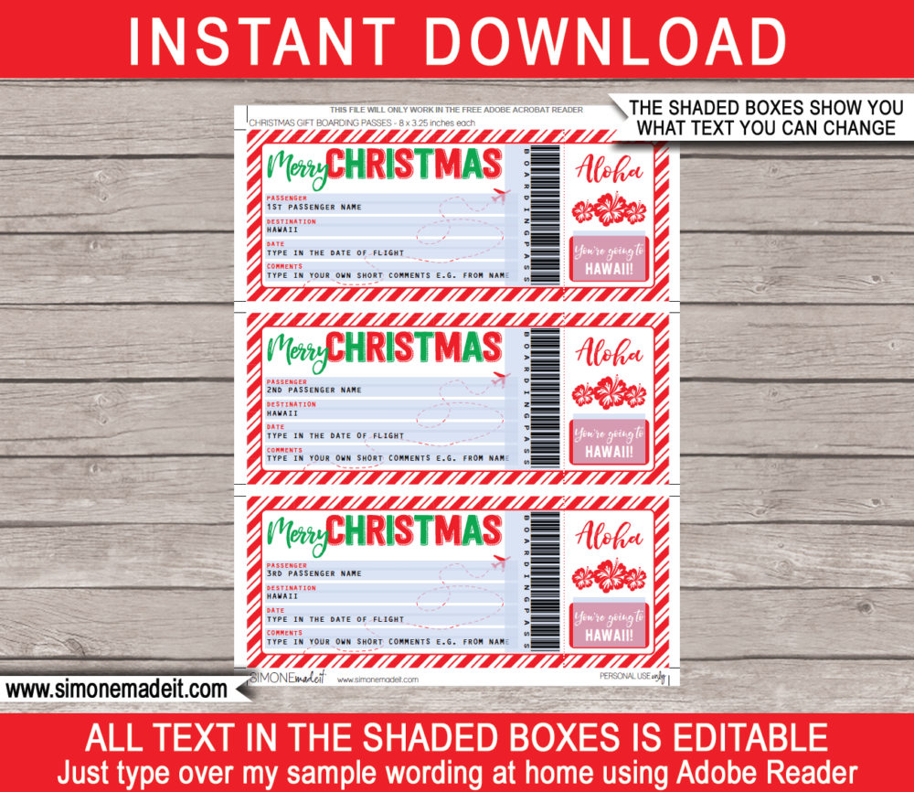 Printable Christmas Hawaii Trip Gift Boarding Pass Template | Flight, Getaway, Holiday, Vacation to Hawaii | Fake Plane Ticket | Surprise Trip Reveal | Christmas Present | DIY Editable Template | Instant Download via giftsbysimonemadeit.com