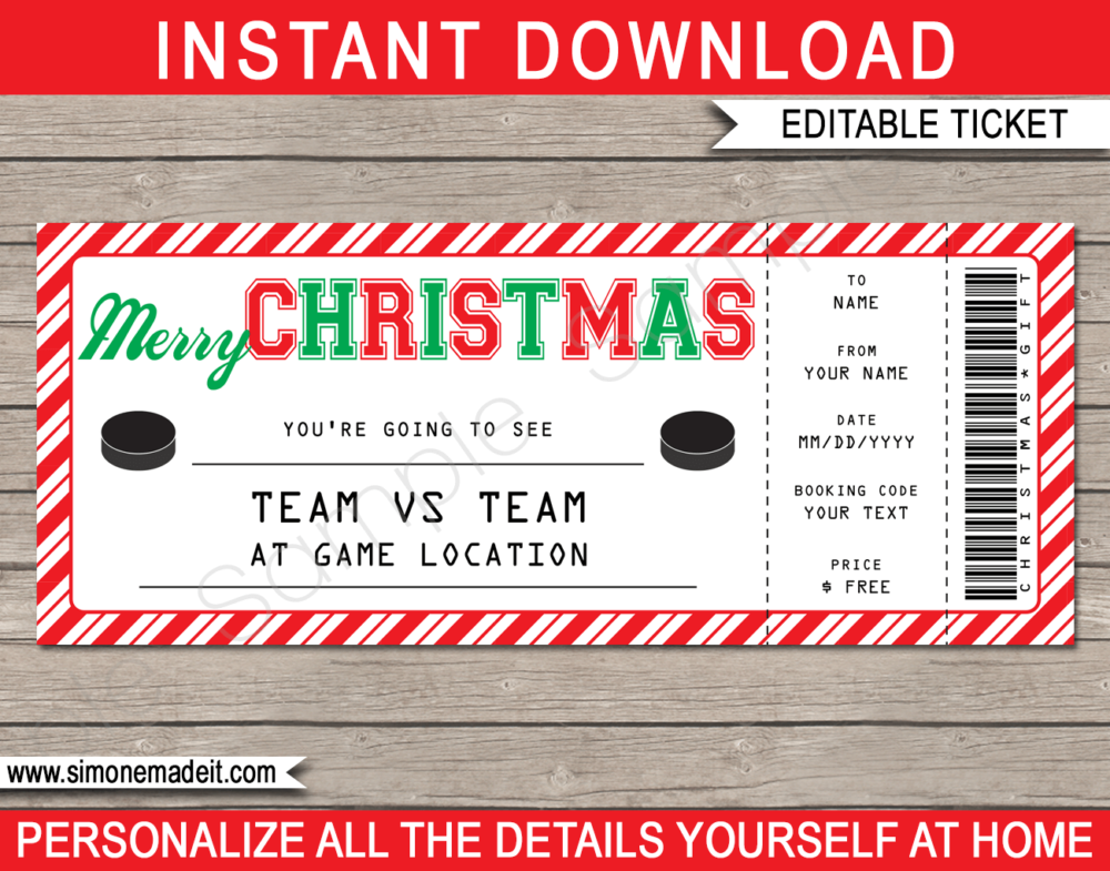 Christmas Hockey Ticket Gift Voucher - Surprise tickets to an Ice Hockey Game - Hockey Puck - Gift Voucher - Gift Certificate - Christmas present - DIY Editable & Printable Template | INSTANT DOWNLOAD via giftsbysimonemadeit.com #hockeygiftticket #lastminutegift