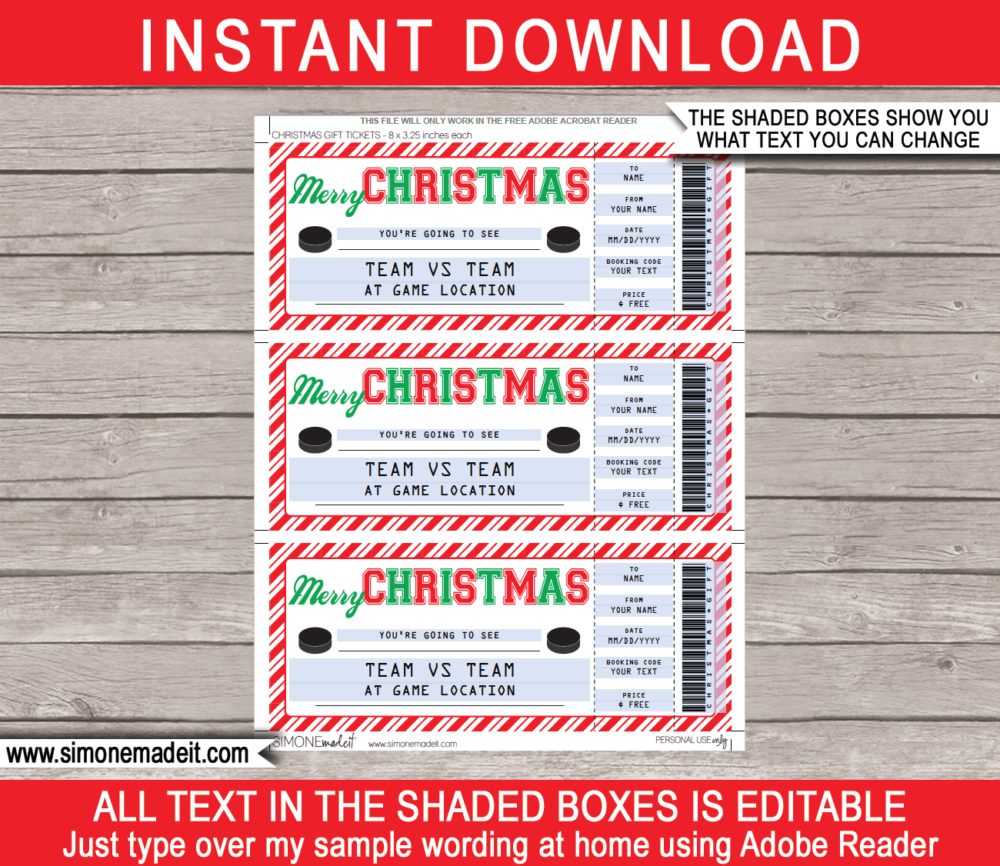 Christmas Hockey Ticket Gift Voucher - Surprise tickets to an Ice Hockey Game - Hockey Puck - Gift Voucher - Gift Certificate - Christmas present - DIY Editable & Printable Template | INSTANT DOWNLOAD via giftsbysimonemadeit.com #hockeygiftticket #lastminutegift