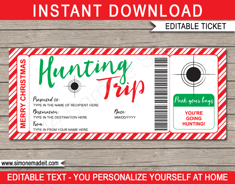 Printable Christmas Hunting Trip Ticket Gift Voucher Template | A Surprise Hunting Trip Ticket | Faux or Fake Hunting Pass | Christmas Present | DIY Editable & Printable Template | Instant Download via simonemadeit.com