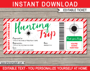 Printable Christmas Hunting Trip Ticket Gift Voucher Template | A Surprise Hunting Trip Ticket | Faux or Fake Hunting Pass | Christmas Present | DIY Editable & Printable Template | Instant Download via simonemadeit.com