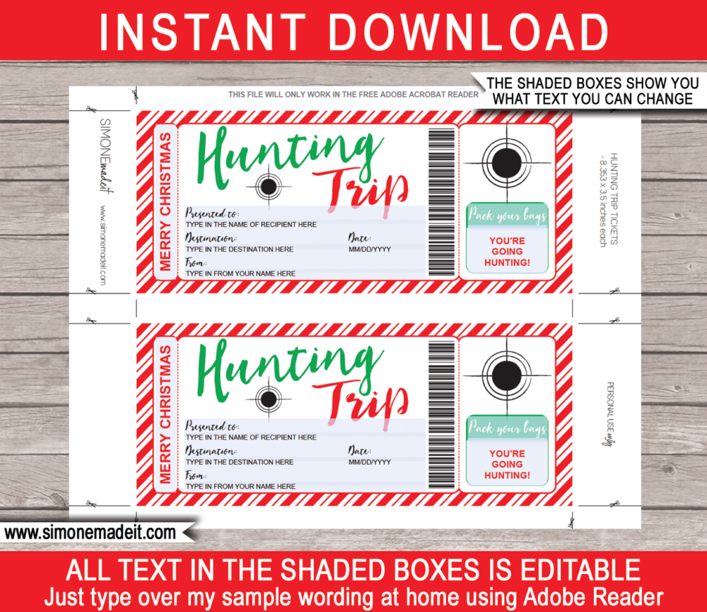 Printable Christmas Hunting Trip Ticket Gift Voucher Template | A Surprise Hunting Trip Ticket | Faux or Fake Hunting Pass | Christmas Present | DIY Editable & Printable Template | Instant Download via simonemadeit.com