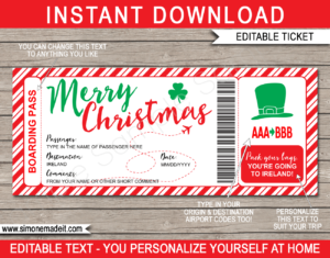 Printable Christmas Ireland Trip Gift Boarding Pass Template | Flight, Getaway, Holiday, Vacation to Ireland, Dublin | Fake Plane Ticket | Surprise Trip Reveal | Christmas Present | DIY Editable Template | Instant Download via giftsbysimonemadeit.com