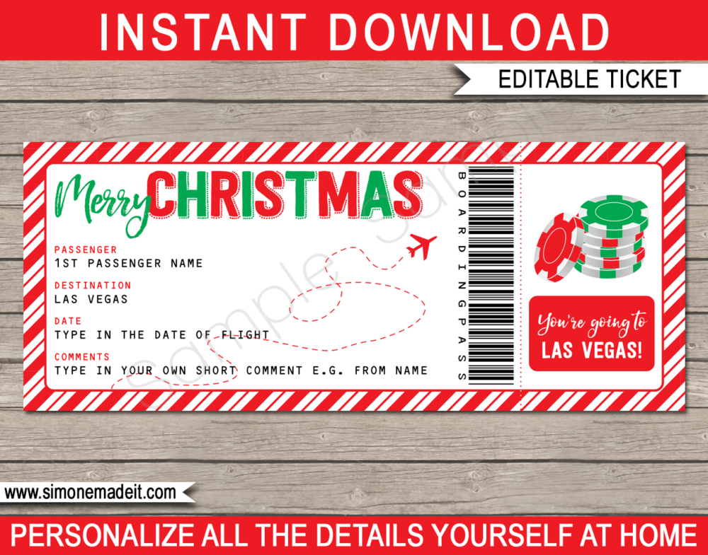 Printable Christmas Las Vegas Trip Gift Boarding Pass Template | Flight, Getaway, Holiday, Vacation to Vegas | Fake Plane Ticket | Surprise Trip Reveal | Christmas Present | Poker Chips | DIY Editable Template | Instant Download via giftsbysimonemadeit.com