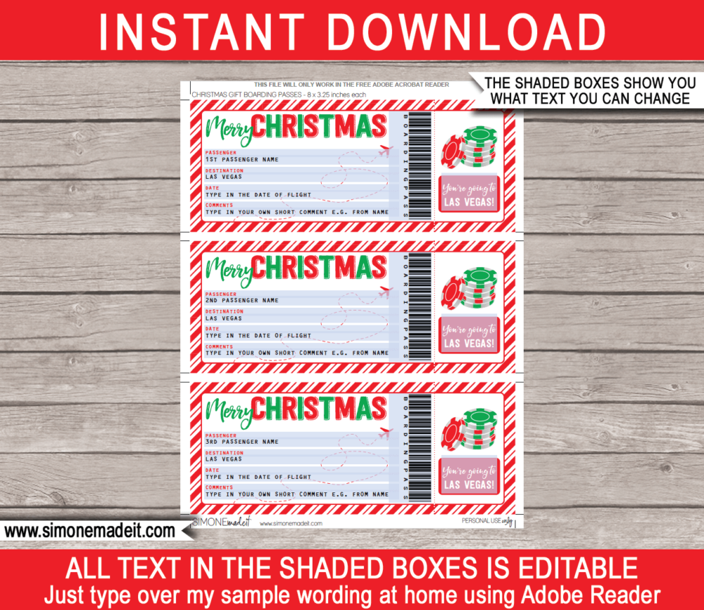 Printable Christmas Las Vegas Trip Gift Boarding Pass Template | Flight, Getaway, Holiday, Vacation to Vegas | Fake Plane Ticket | Surprise Trip Reveal | Christmas Present | Poker Chips | DIY Editable Template | Instant Download via giftsbysimonemadeit.com