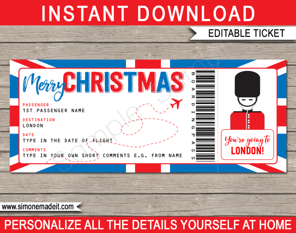 Printable Christmas London Trip Gift Boarding Pass Template | Flight, Getaway, Holiday, Vacation UK | Fake Plane Ticket | Surprise Trip Reveal | Christmas Present | DIY Editable Template | Instant Download via giftsbysimonemadeit.com