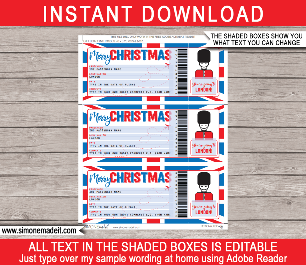 Printable Christmas London Trip Gift Boarding Pass Template | Flight, Getaway, Holiday, Vacation UK | Fake Plane Ticket | Surprise Trip Reveal | Christmas Present | DIY Editable Template | Instant Download via giftsbysimonemadeit.com