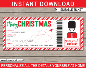 Printable Christmas London Trip Gift Boarding Pass Template | Flight, Getaway, Holiday, Vacation UK | Fake Plane Ticket | Surprise Trip Reveal | Christmas Present | DIY Editable Template | Instant Download via giftsbysimonemadeit.com