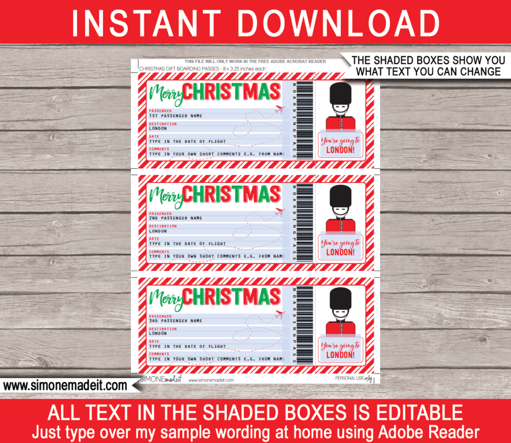 Printable Christmas London Trip Gift Boarding Pass Template | Flight, Getaway, Holiday, Vacation UK | Fake Plane Ticket | Surprise Trip Reveal | Christmas Present | DIY Editable Template | Instant Download via giftsbysimonemadeit.com