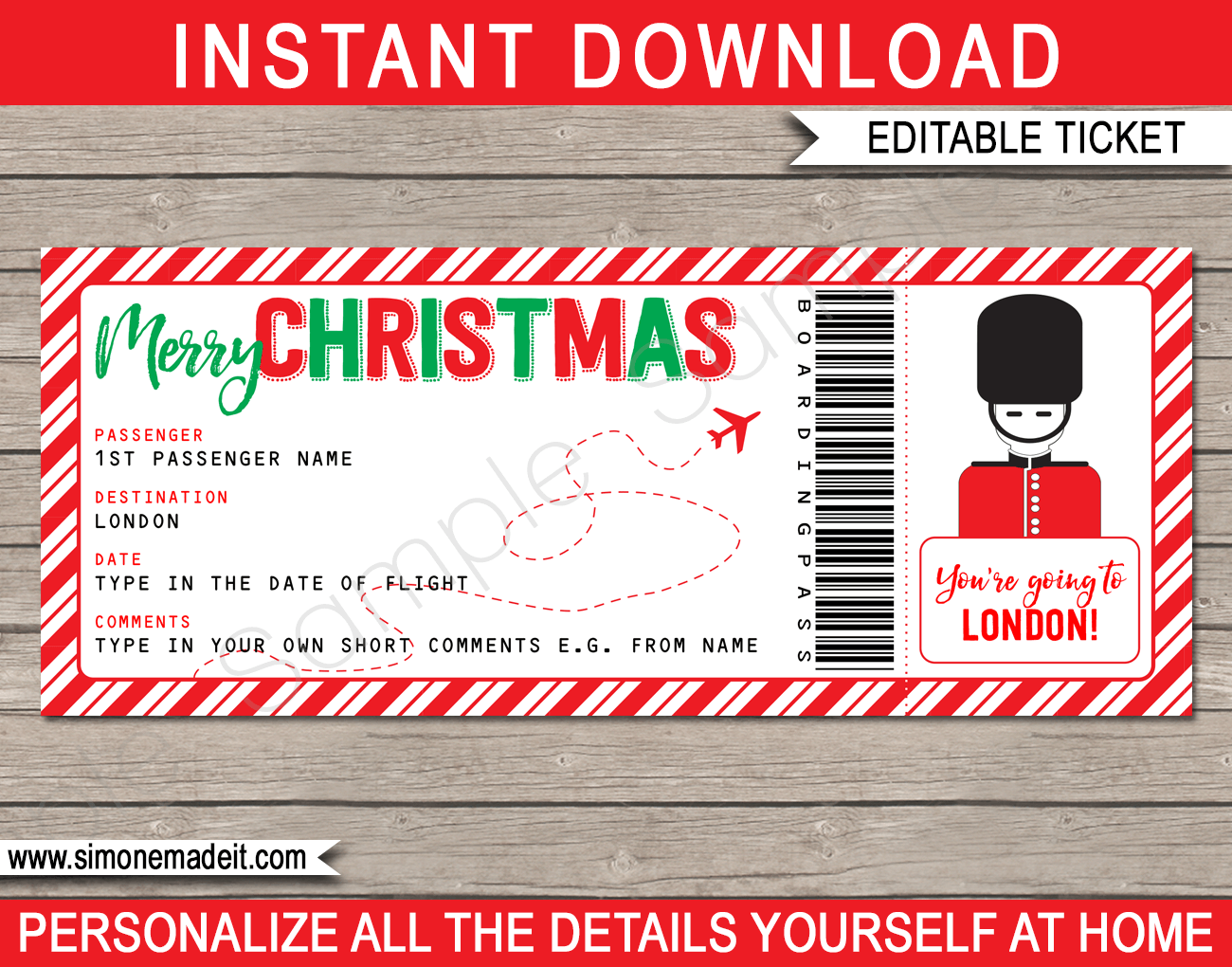 Christmas London Trip Gift Boarding Pass template Fake Plane Ticket