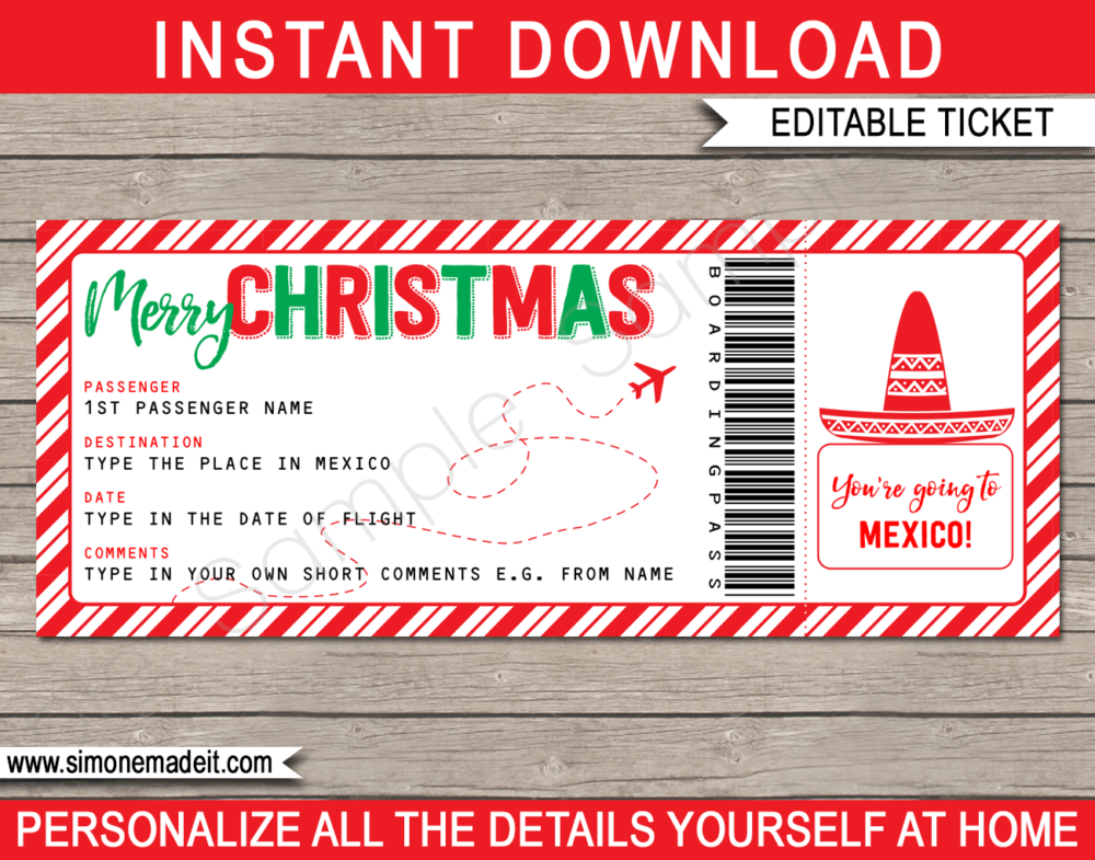 Printable Christmas Mexico Trip Gift Boarding Pass Template | Flight, Getaway, Holiday, Vacation | Fake Plane Ticket | Surprise Trip Reveal | Christmas Present | DIY Editable Template | Instant Download via giftsbysimonemadeit.com